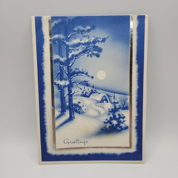 Vintage Blue & White Christmas Greeting Card With Winter Scene - Picture 1 of 6